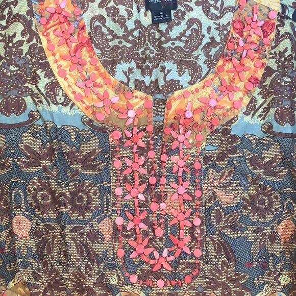 Style & Co Womens 10 Boho Beaded Tunic Top Brown Orange Cinched Back Cotton - Picture 3 of 7